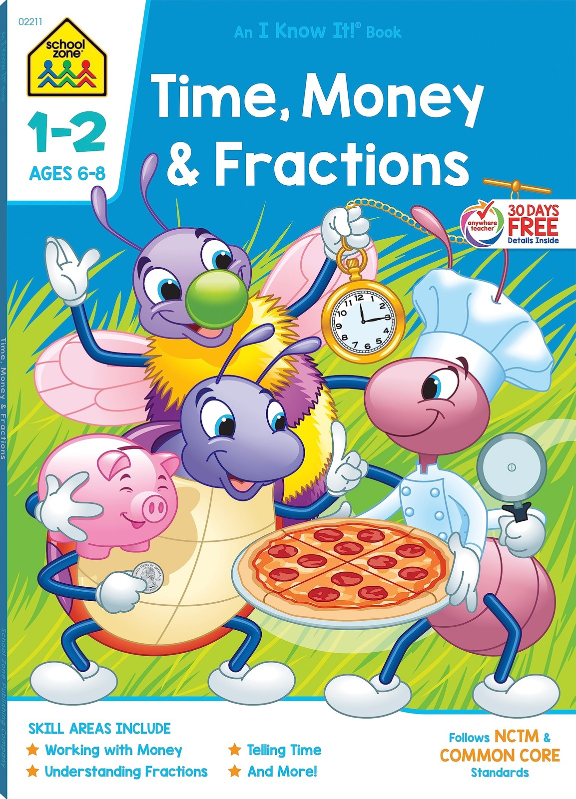 School Zone Time, Money & Fractions Workbook: 64 Pages, 1st Grade, Multicolor