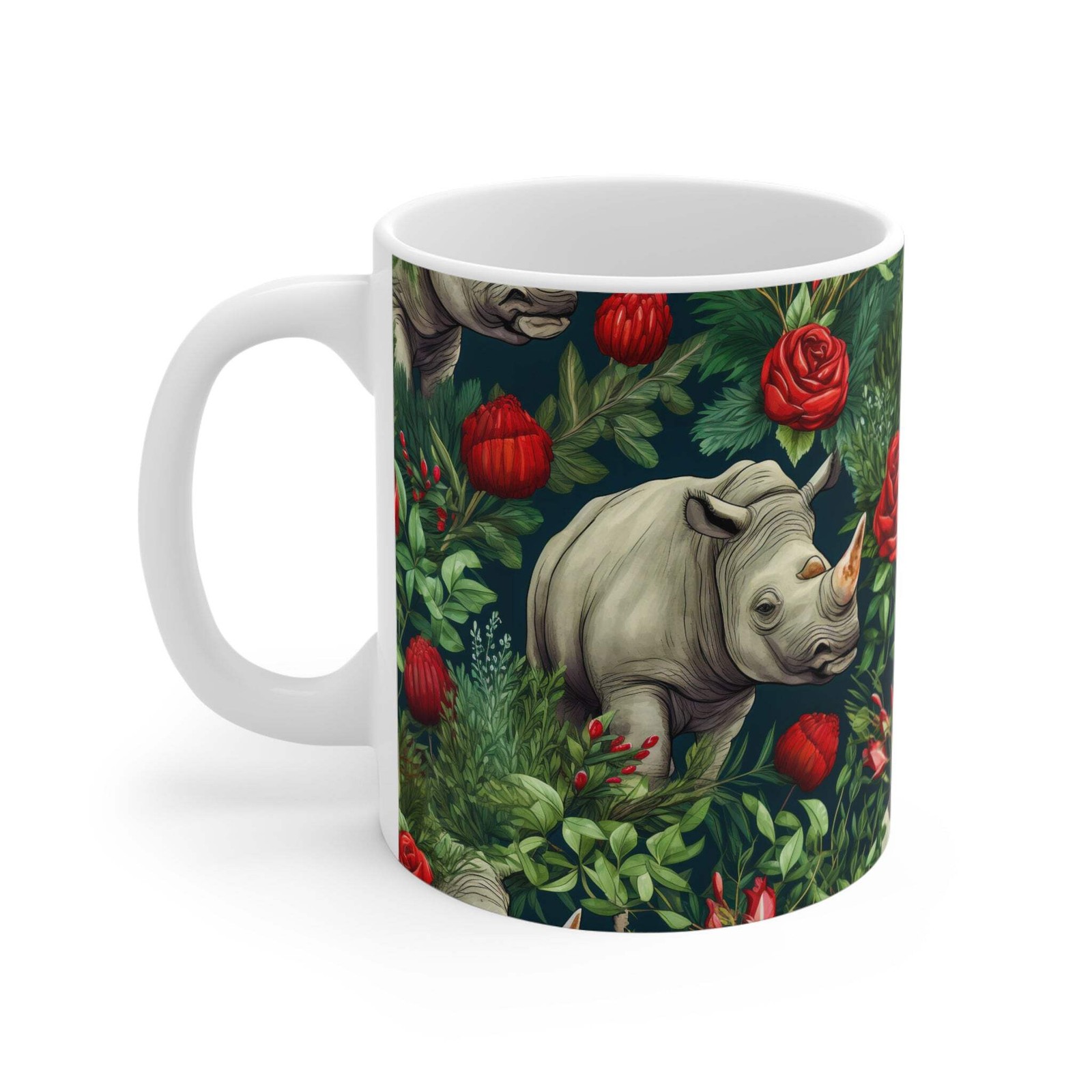Floral Rhinoceros Coffee Mug | Two-Tone Rhino and Roses Mug – 11 oz.