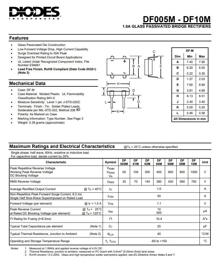 DF005M-E3/45 Bridge Rectifier 1Phase 50V 1A Through Hole DFM (10 pcs)