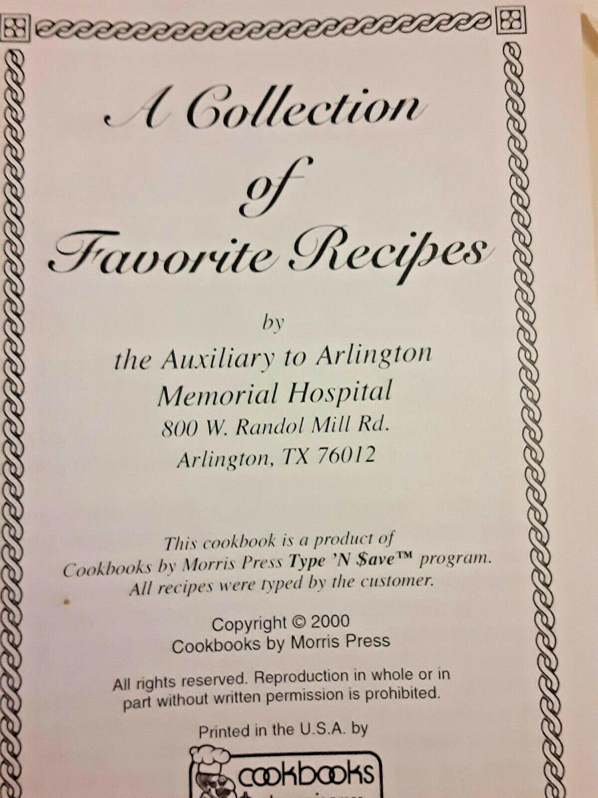 Arlington Memorial Hospital Texas 2000 Cookbook 162 Pages + Index