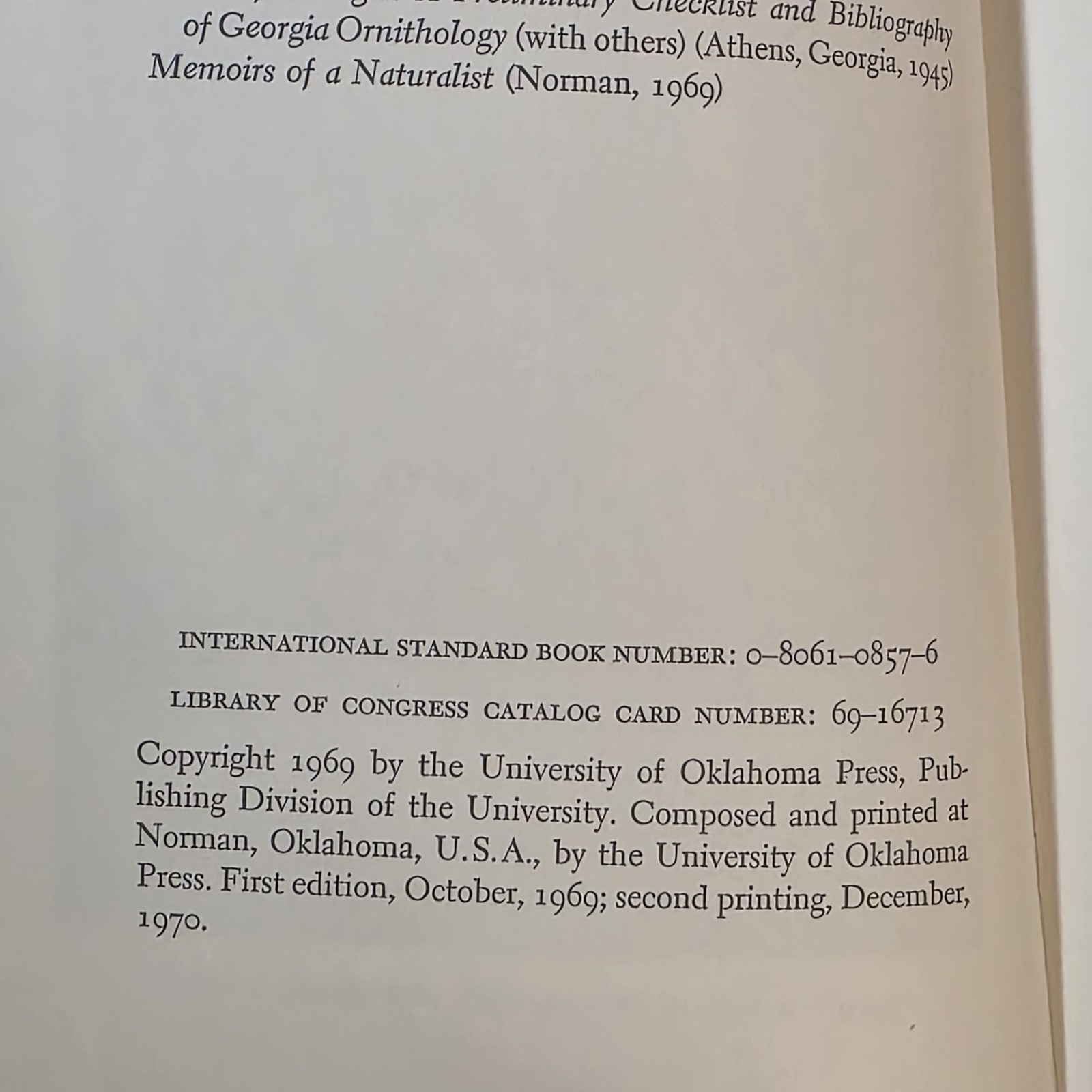 MEMOIRS OF A NATURALIST SOFTCOVER HERBERT L. STODDARD 1969 UNIV. OF OKLAHOMA