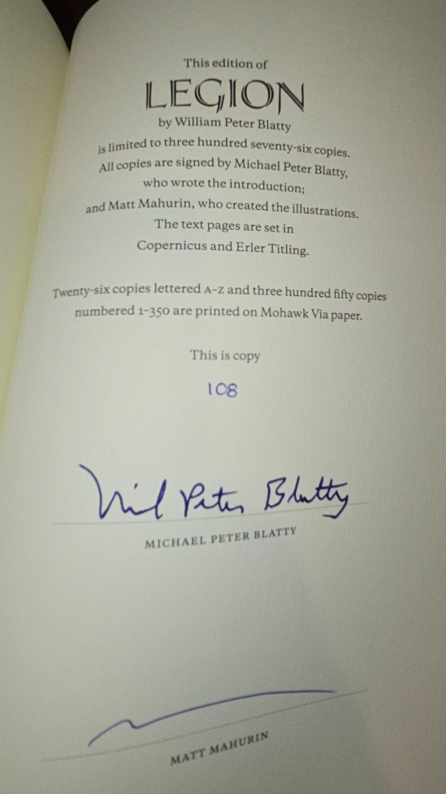 Legion by William Peter Blatty — Suntup Editions Numbered 108/250 Signed As New