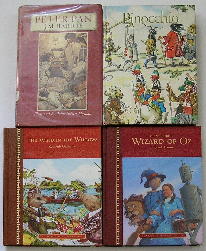 4 HARDCOVER CHILDRENS CLASSICS Peter Pan Pinocchio Wind In Willows Wizard of Oz