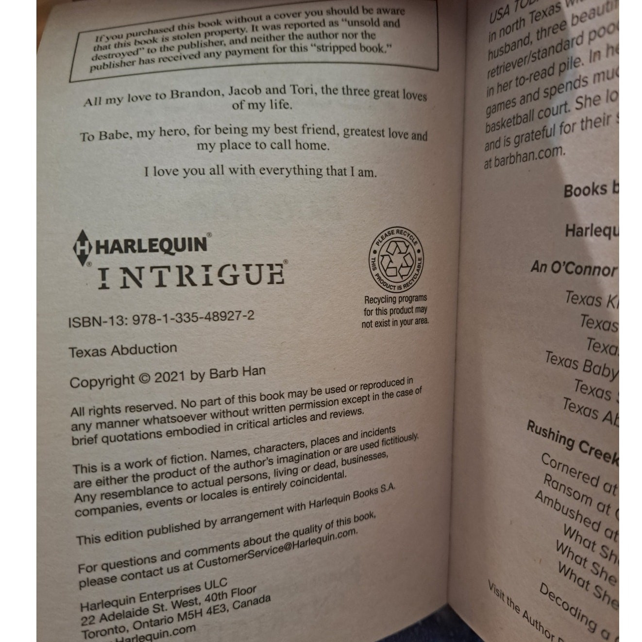 Set of 5 Harlequin Intrigue Pre-owned Books The Awakening Texas Abduction & More