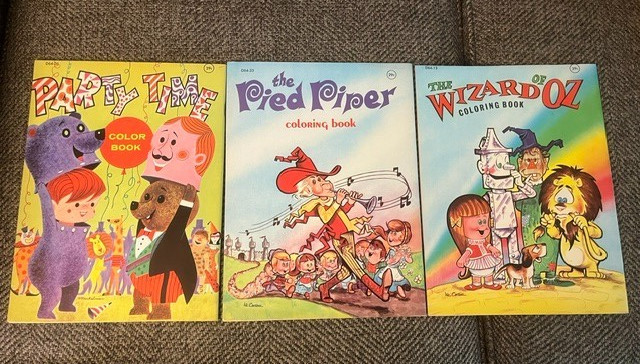 3 Vintage Playmore Coloring Books Lot NOS unused Wizard of Oz, Pied Piper more