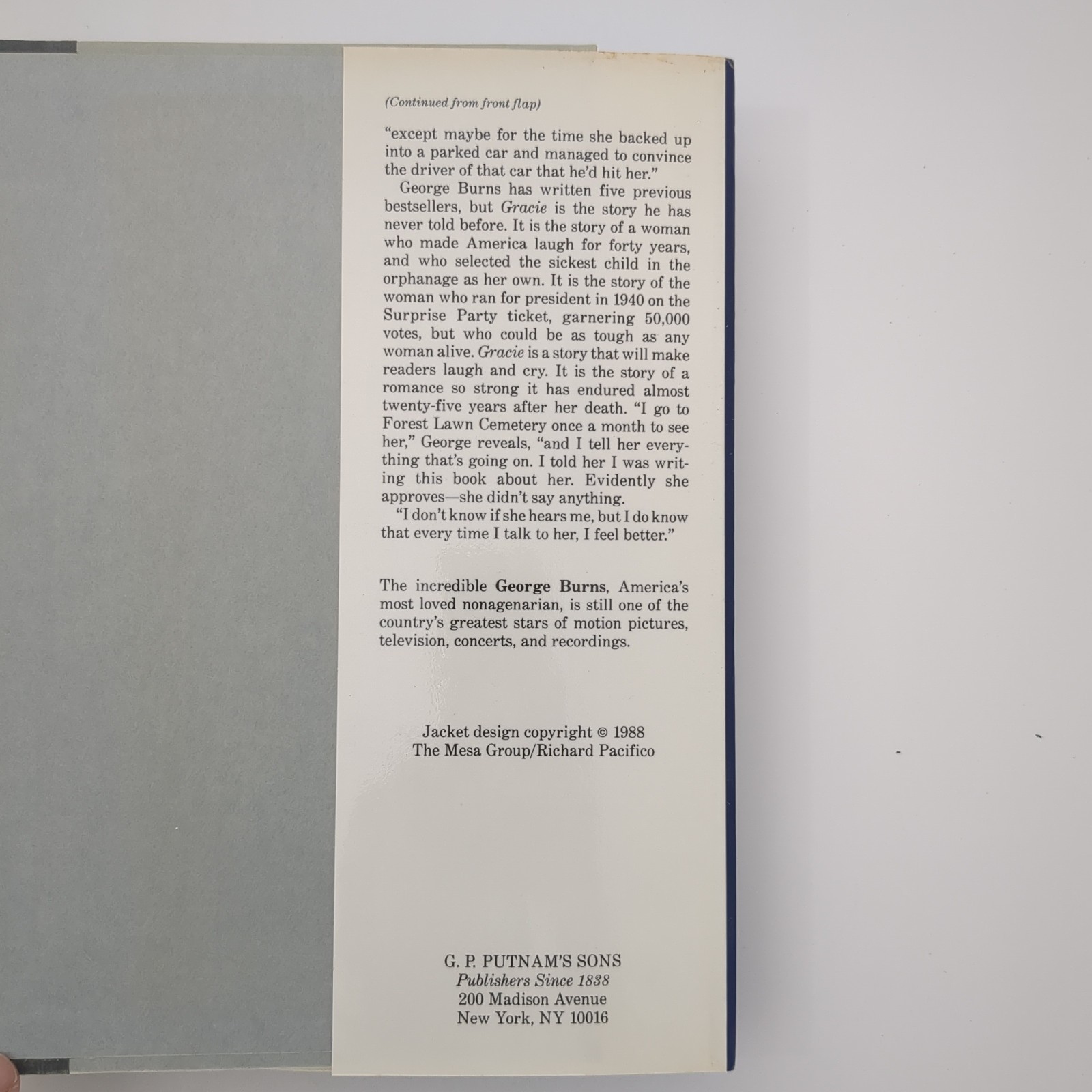 Gracie A Love Story Comedy Memoir First Edition Hardcover Book George Burns 1988