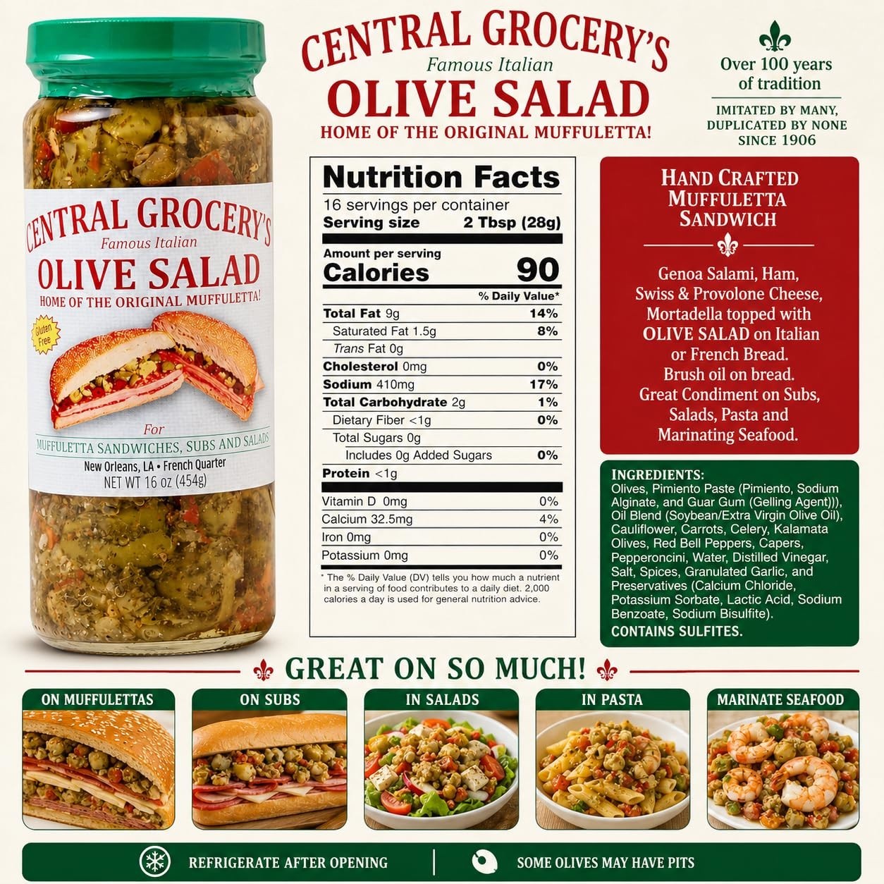 Authentic New Orleans Olive Salad 16 oz – Italian Muffuletta Spread, Relish for