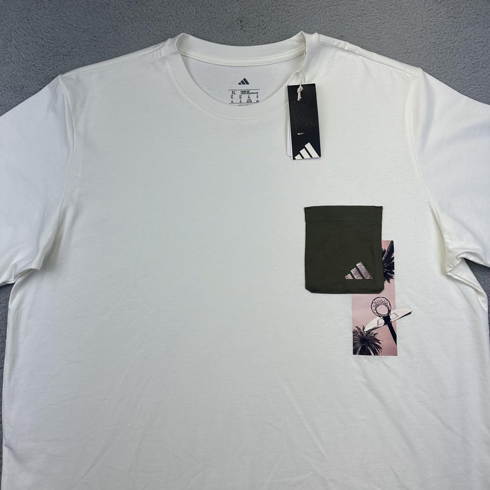 Adidas Shirt Men XL Off White MT Lens Pocket Graphic Loose Fit Cotton Basketball