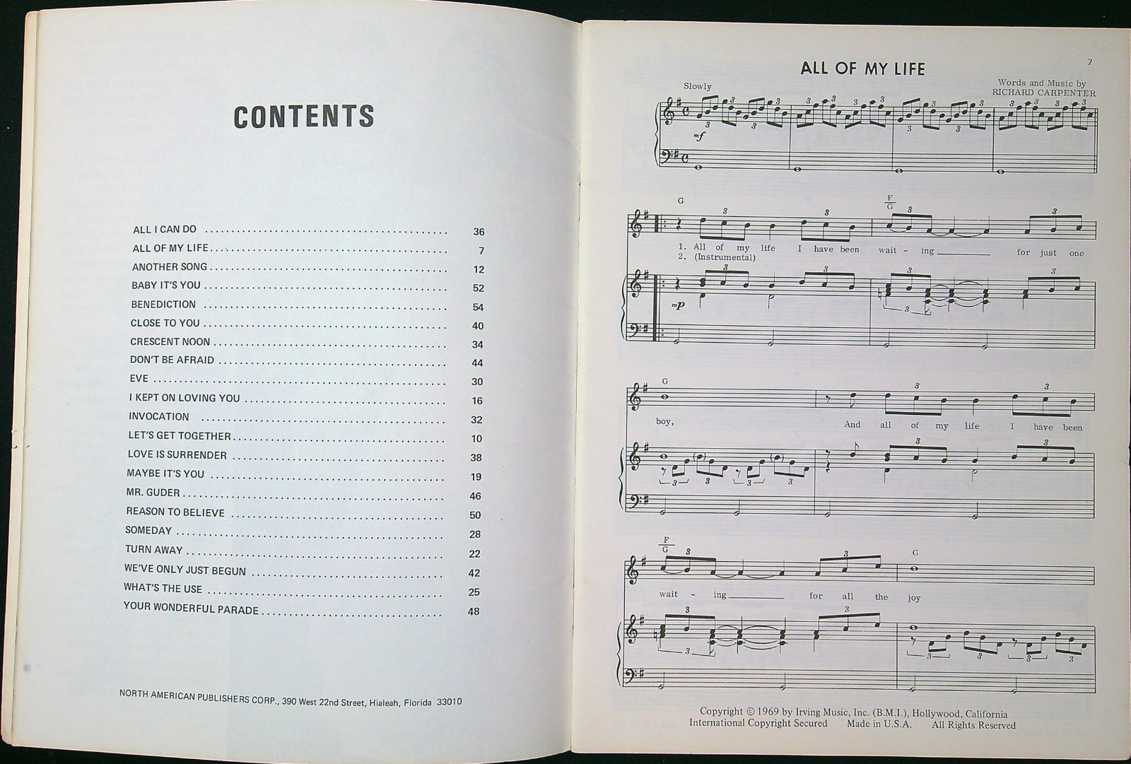 Carpenters Close To You Ticket To Ride 1969 Vintage Piano Vocal Music Book 838a