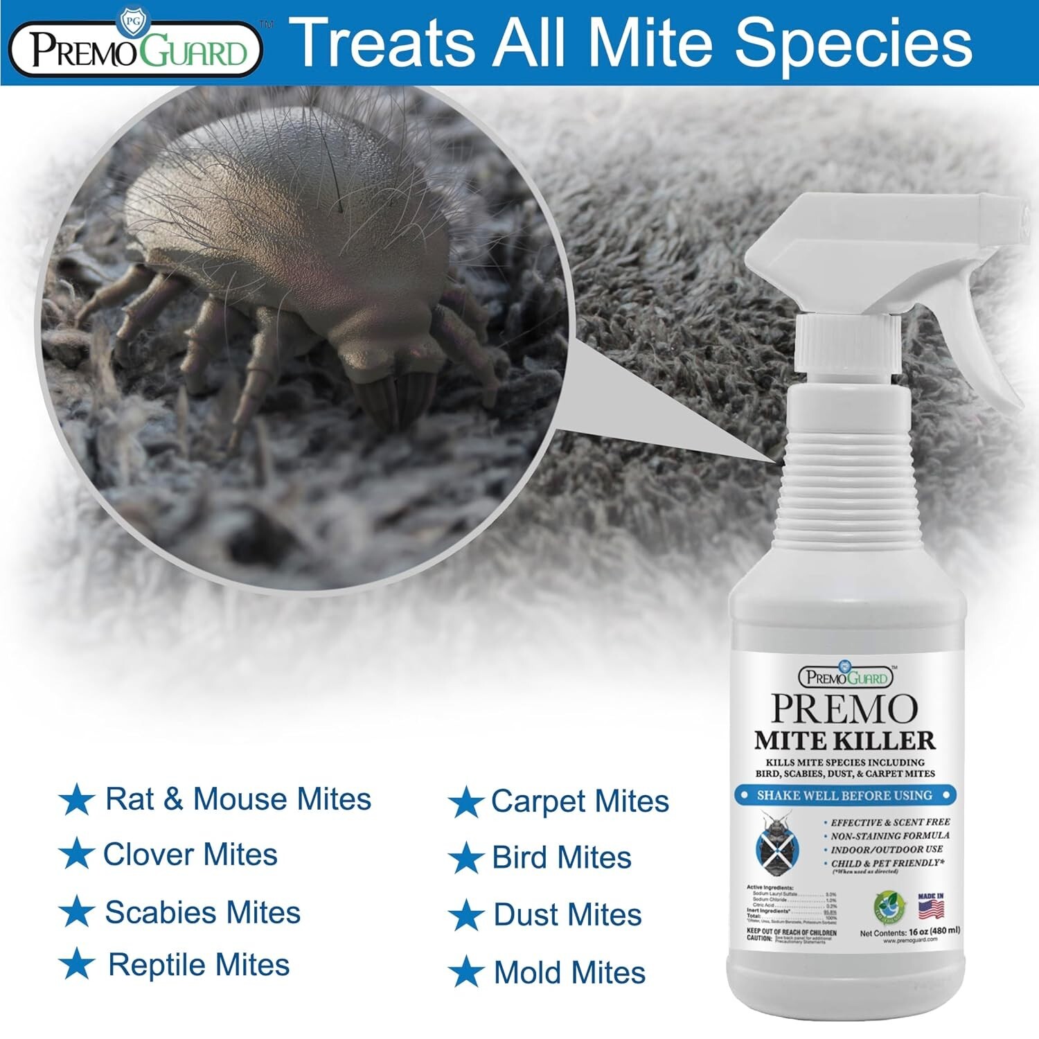 Premo Guard Mite Treatment Spray – 16 oz – Kills Dust, Scabies, Spider, Carpet,