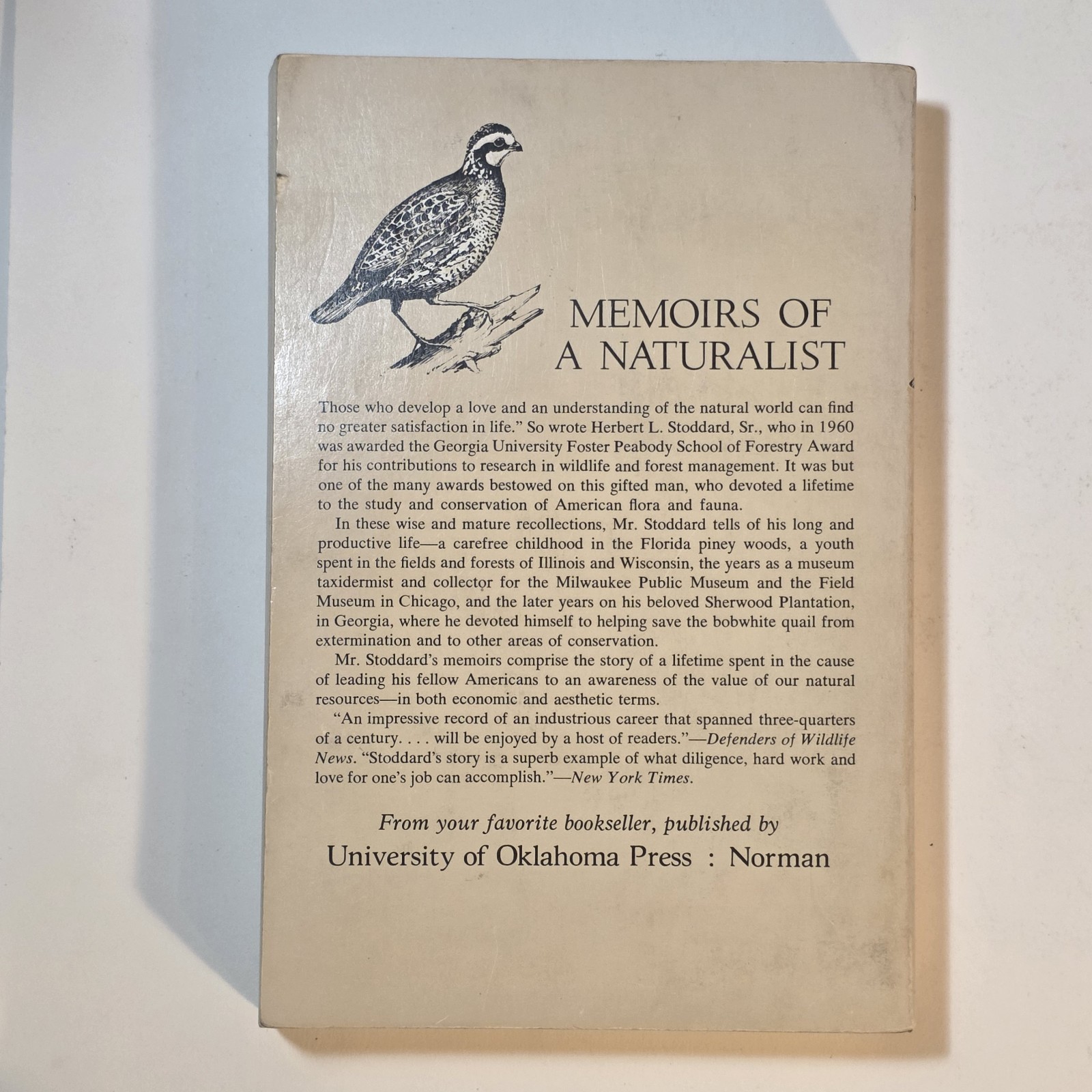 MEMOIRS OF A NATURALIST SOFTCOVER HERBERT L. STODDARD 1969 UNIV. OF OKLAHOMA