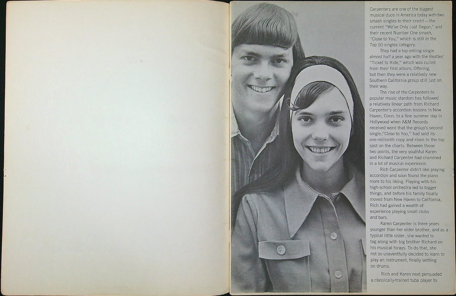 Carpenters Close To You Ticket To Ride 1969 Vintage Piano Vocal Music Book 838a