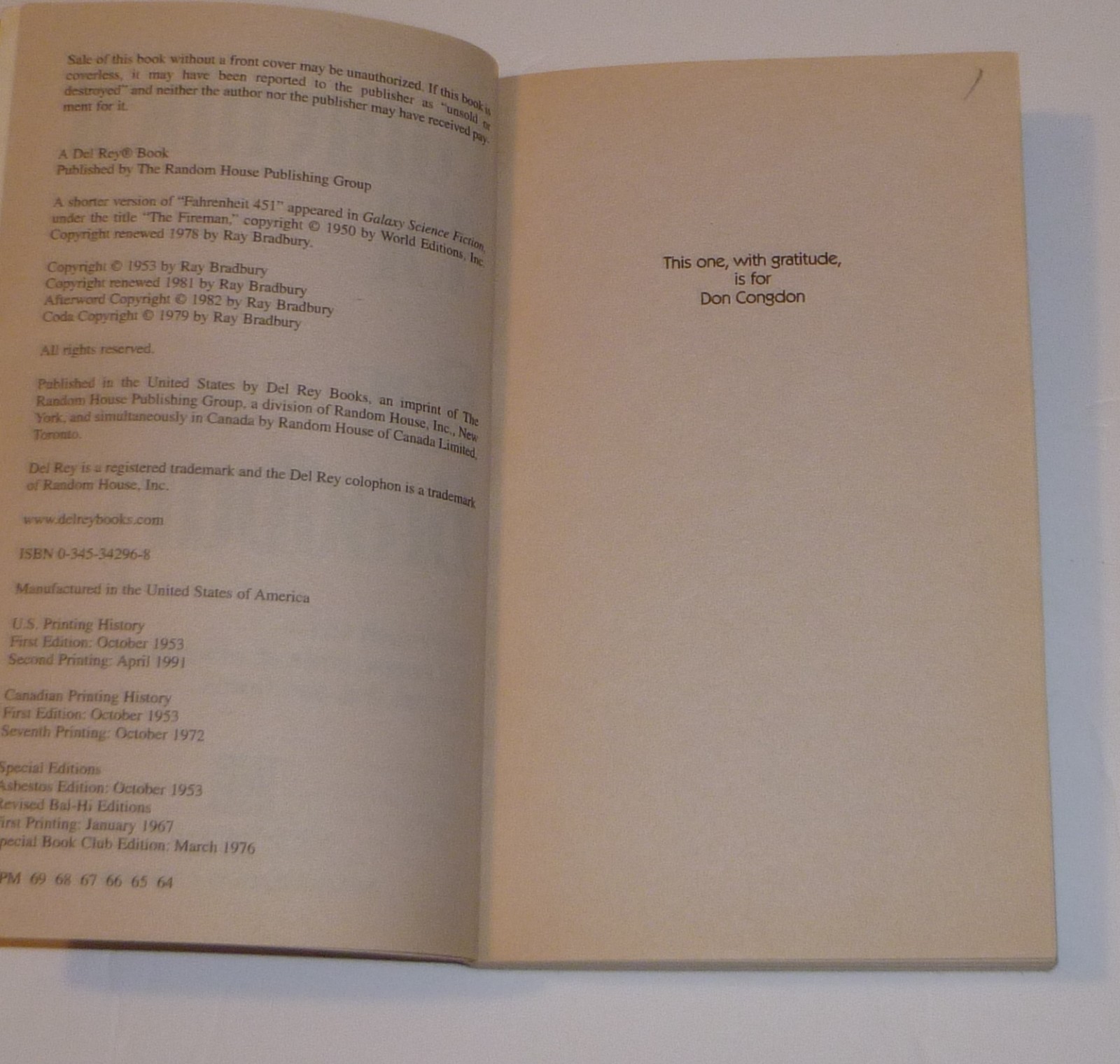 Fahrenheit 451 By Ray Bradbury book 50th Anniversary Edition Del Rey Paperback