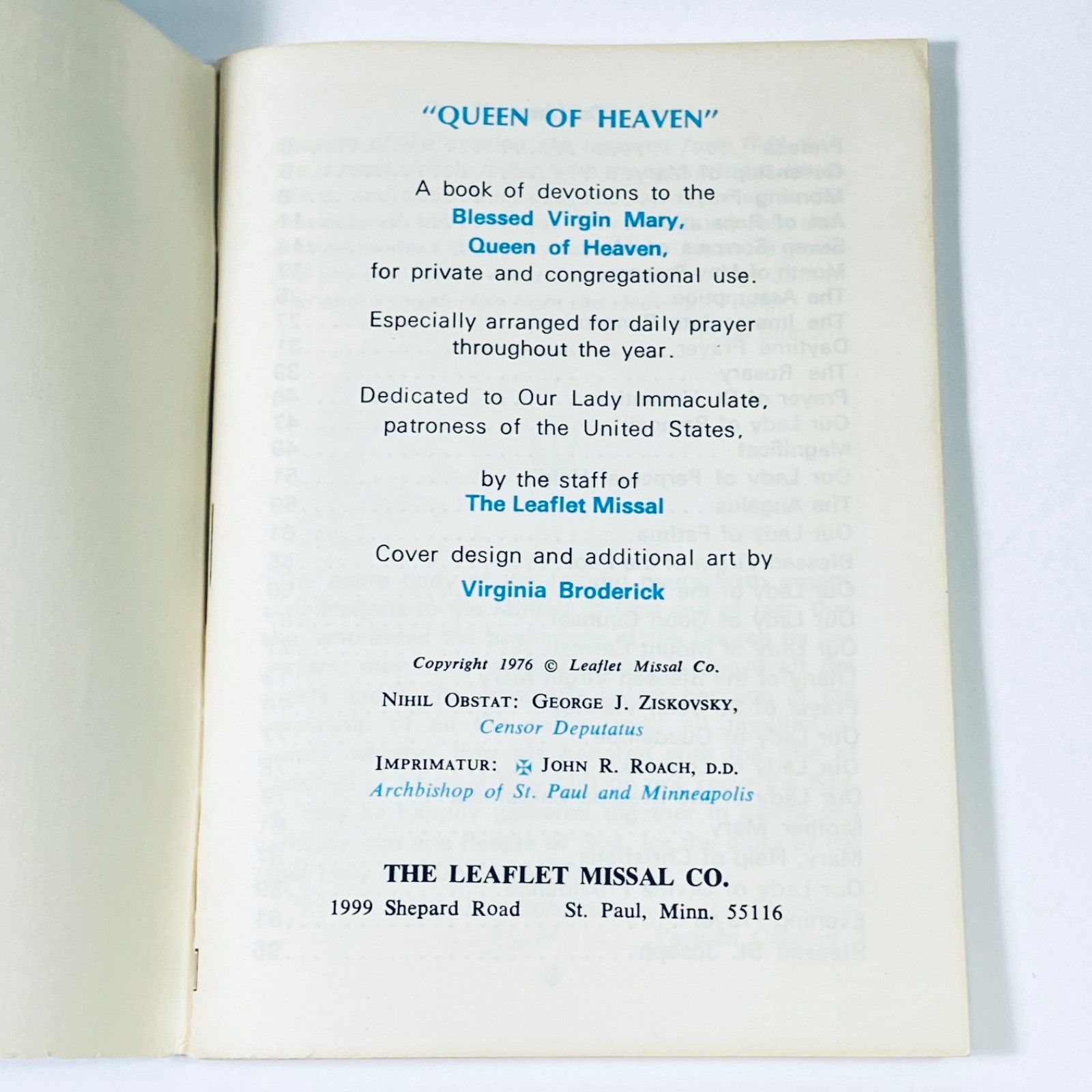 QUEEN of HEAVEN – Booklet – 1976 – The Leaflet Missal Co, 6 X 4″ – 96 Pages –