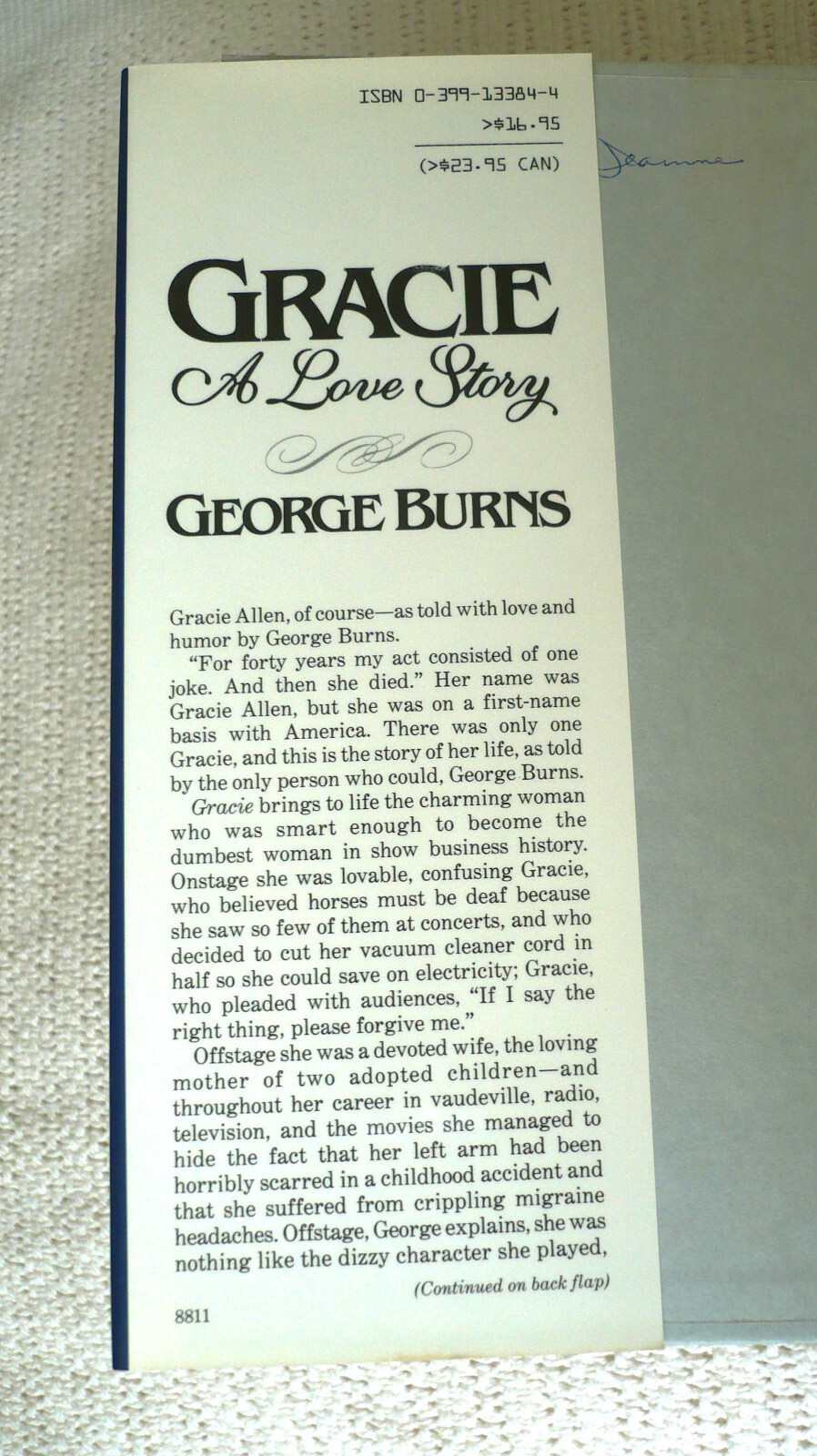GRACIE A LOVE STORY by GEORGE BURNS – PUTNAM HARD COVER/DJ – 1988 – GOOD SHAPE!