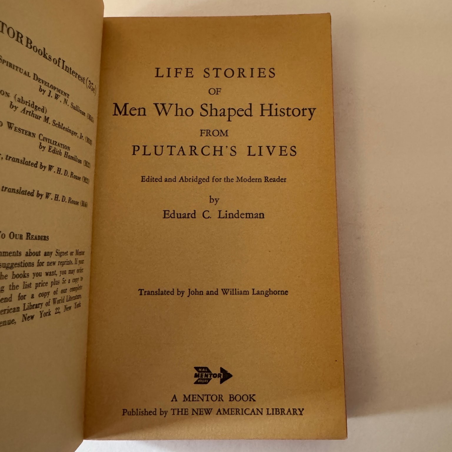 Plutarch’s Lives Men Who Shaped History Lindeman 1950 Mentor Classic Paperback