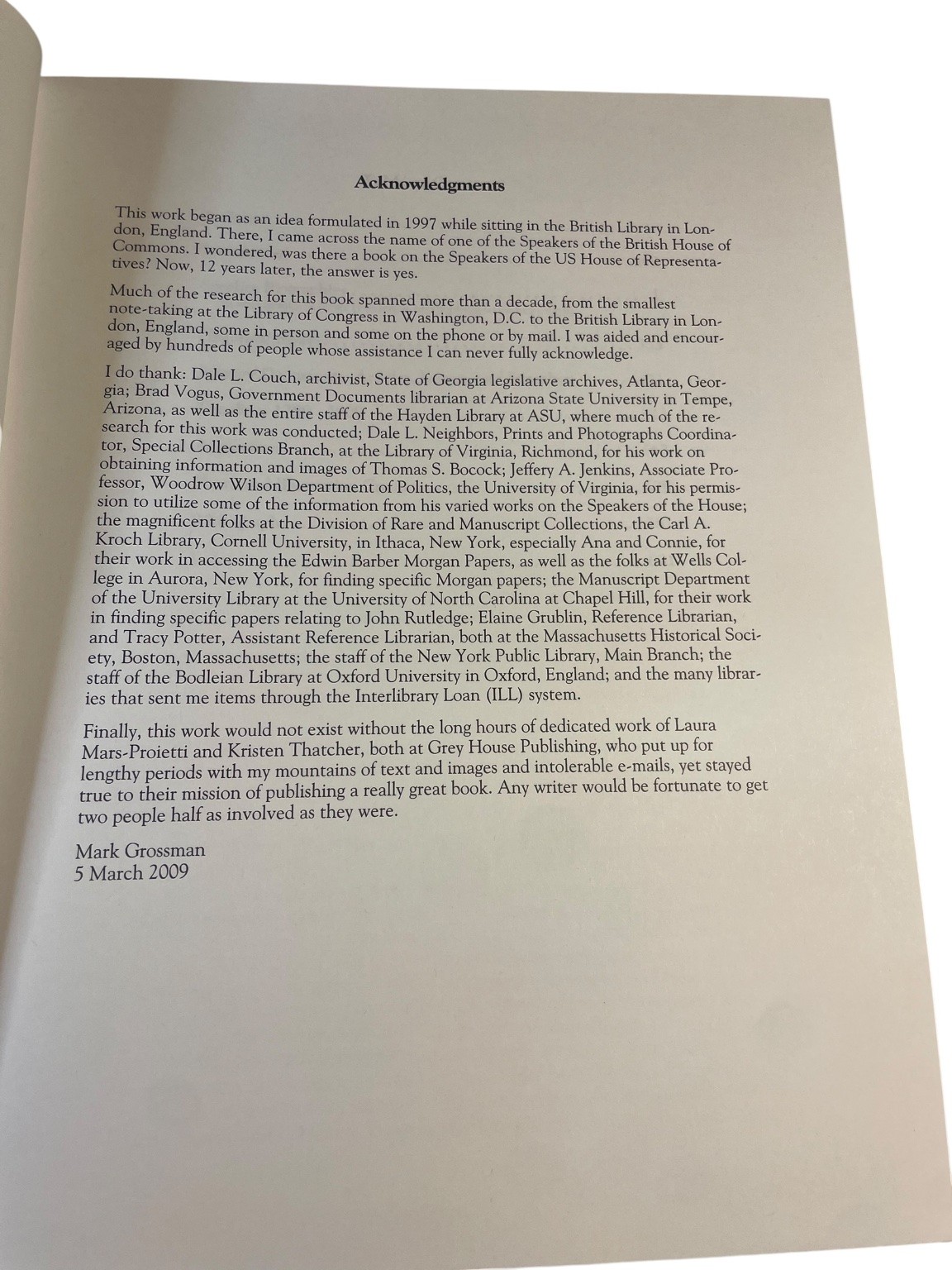 Speakers of House Reps 1789-2009 Mark Grossman First Ed Grey House Publishing