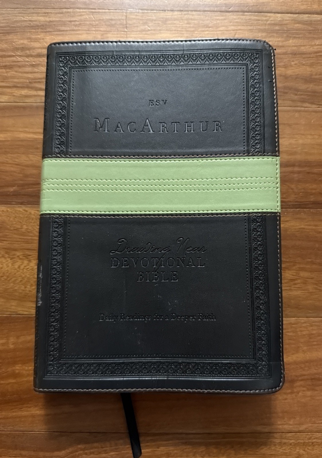 ESV MacArthur Drawing Near Devotional Bible TruTone Charcoal/Sage Trail Design