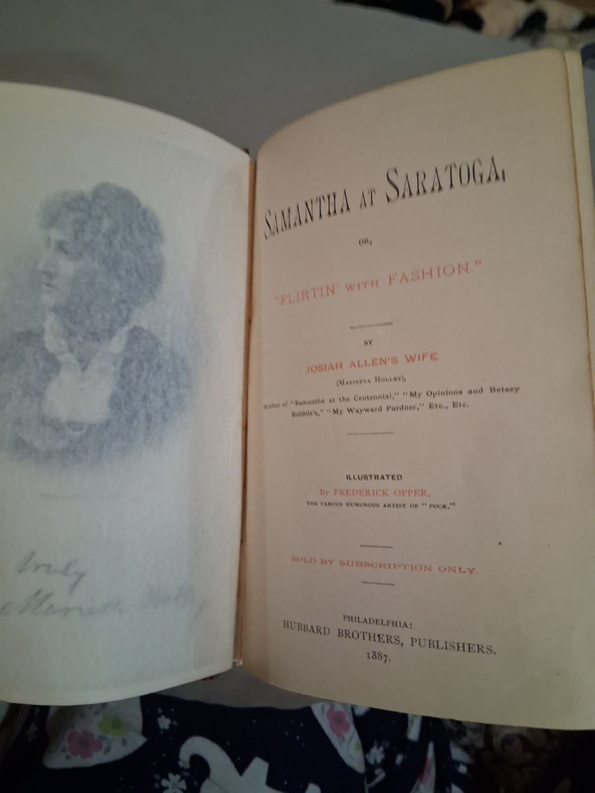 Josiah Allen’s Wife. Samantha at Saratoga. Hubbard, 1887. 1st ed. VG copy.