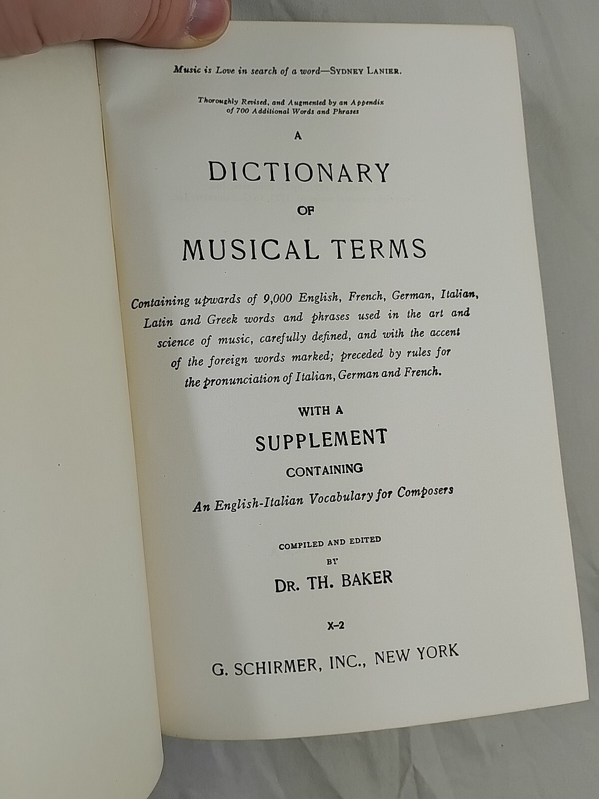 Dictionary of Musical Terms Theo. Baker Ph.D Pub 1923 Schirmer Antique Hardback