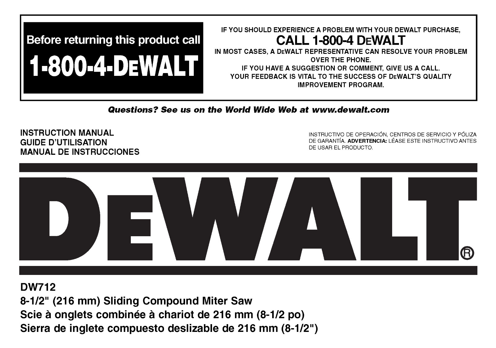 DeWALT DW712 Miter Saw Instruction Manual: 44 Pages Coil Bound