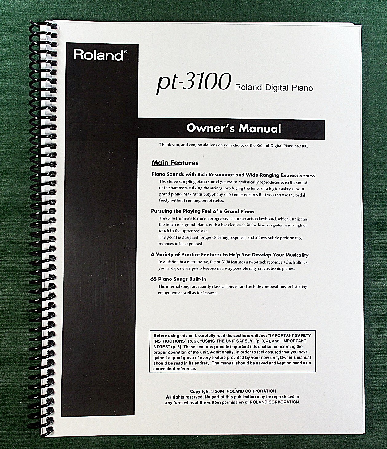 Roland PT-3100 Owner’s Instruction Manual: 44 Pages & Protective Covers!