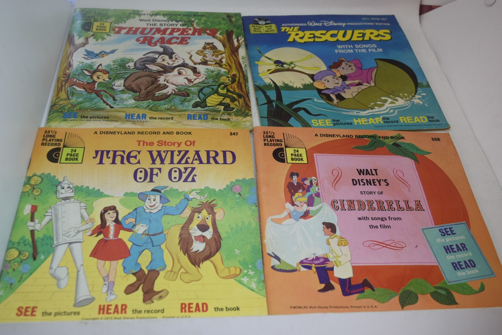 4 Disney Children’s Records Cinderella, Wizard of Oz, Thumpers Race, the Rescuer