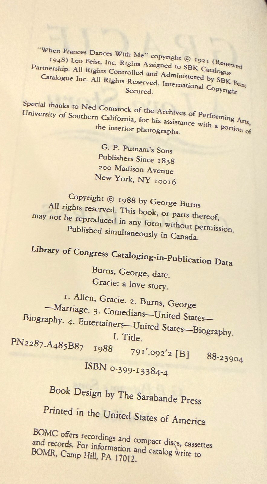 Gracie: A Love Story by George Burns 1988 1st Edition Hardcover