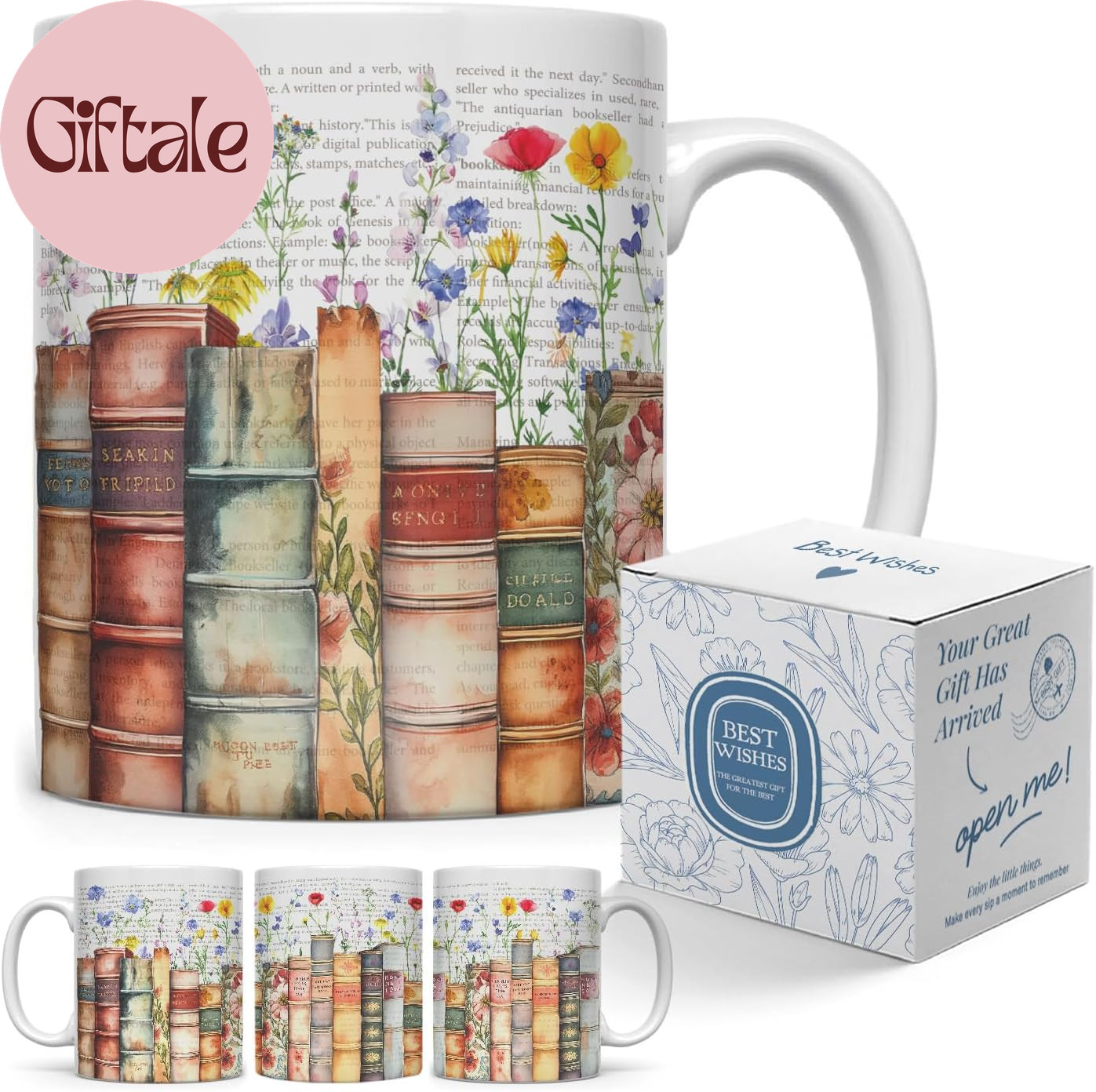 Book & Flowers Coffee Mug 11Oz, Booklovers Gifts for Women Librarian Writer Frie