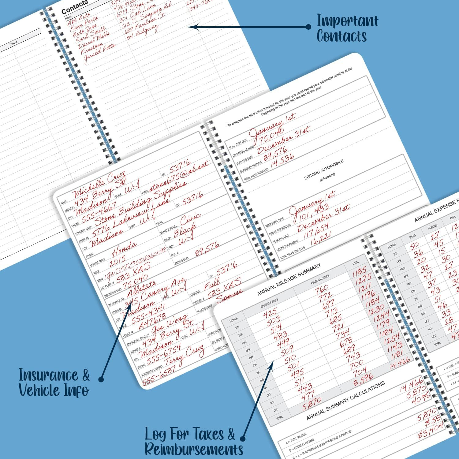 Mileage Log Book Auto Mileage Expense Record Notebook for Taxes – 126 Pages – 5′