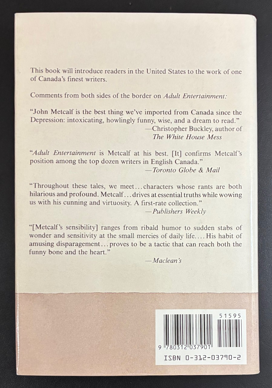 Adult Entertainment Stories by John Metcalf 1986 St Martin’s Press First 1st HC