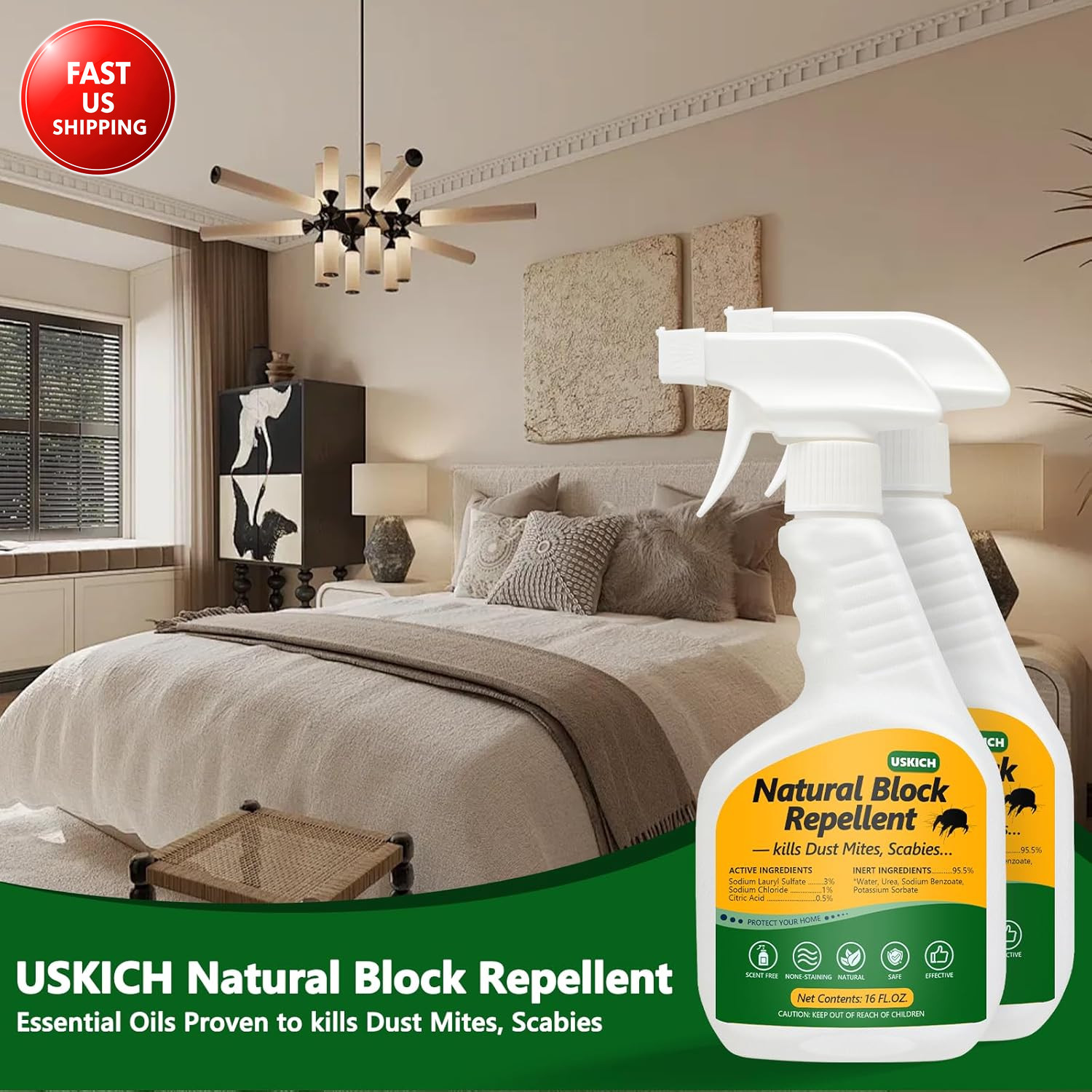 Mite Treatment Spray– 16 Oz – Kills Dust, Scabies, Spider, Carpet, Bird, Mouse &
