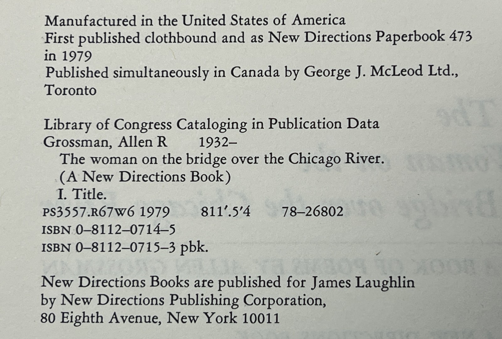 VTG The Woman on the Bridge over the Chicago River by Allen Grossman – 1979 HCDJ