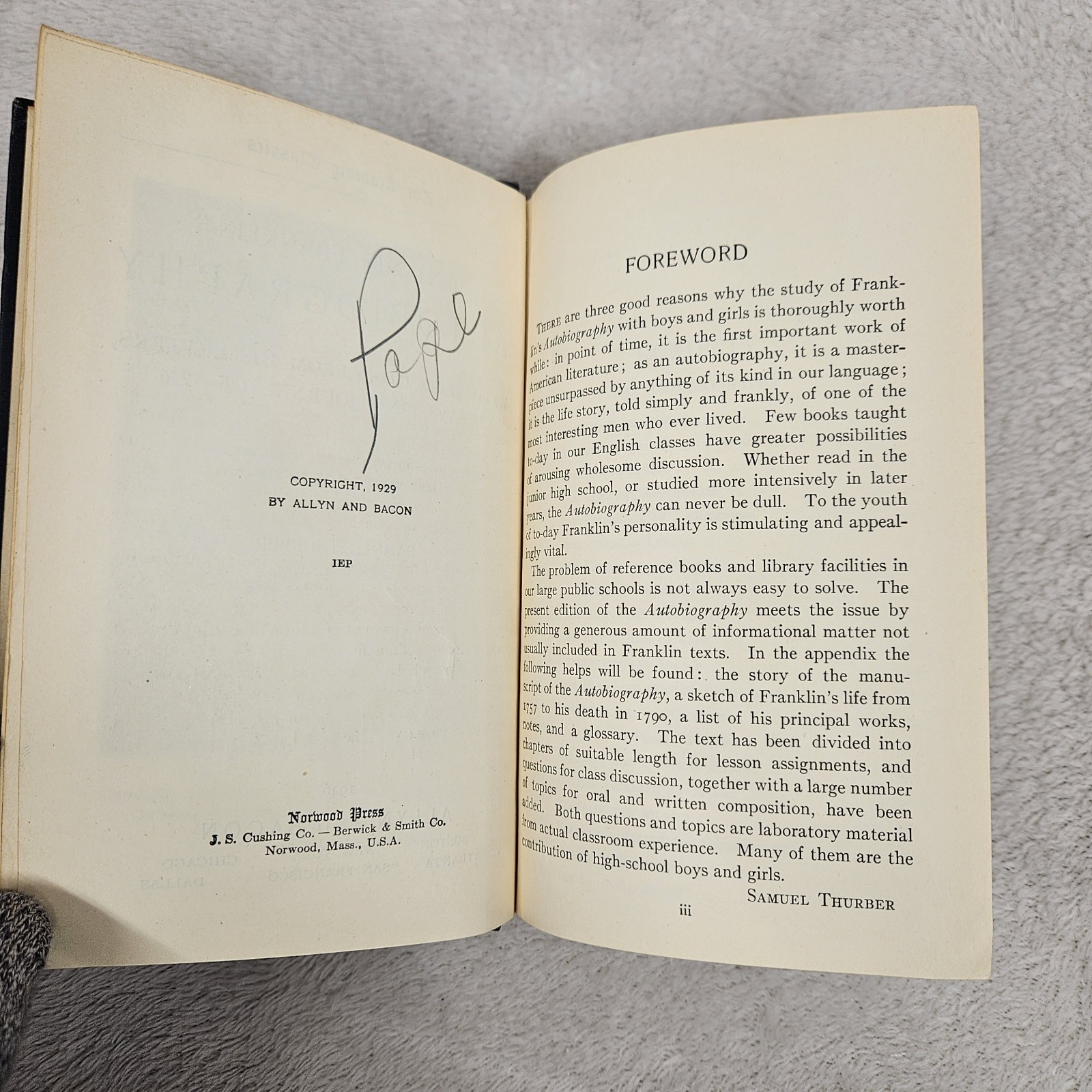 Autobiography Of Benjamin Franklin & Other Papers Set Of 2 Vintage Hardcover