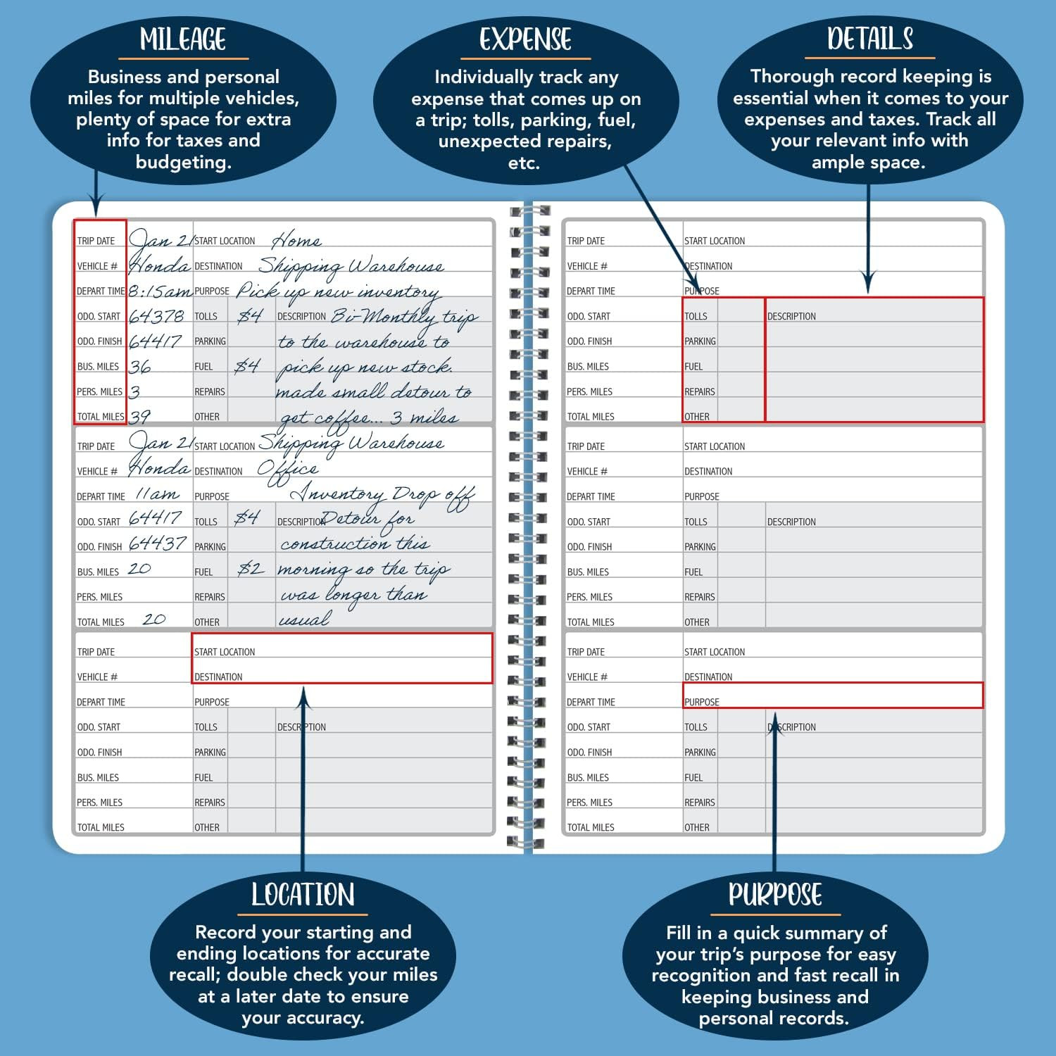 Mileage Log Book Auto Mileage Expense Record Notebook for Taxes – 126 Pages – 5′
