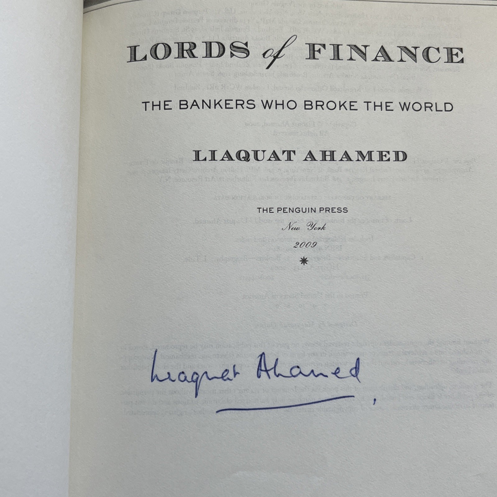 Lords of Finance The Bankers Who Broke the World *SIGNED By Ahamed Liaquat HCDJ