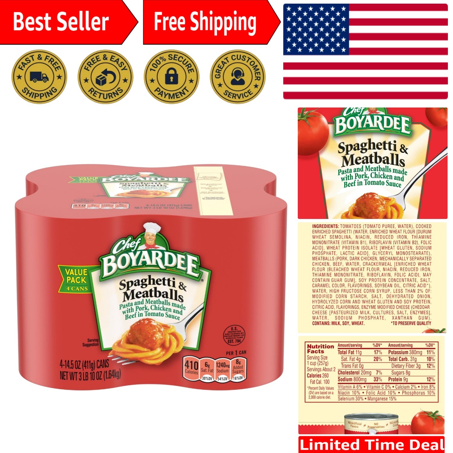 Delicious Spaghetti & Meatballs – 14.5 Oz Cans, Pack of 4 for Quick Meals