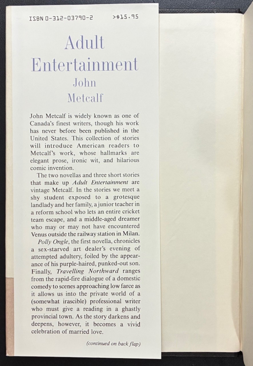 Adult Entertainment Stories by John Metcalf 1986 St Martin’s Press First 1st HC