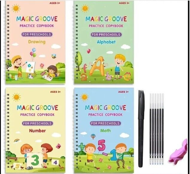 4Pc Groove Books for Kids,Magic Practice,Reusable Handwriting Workbook Kids 3+