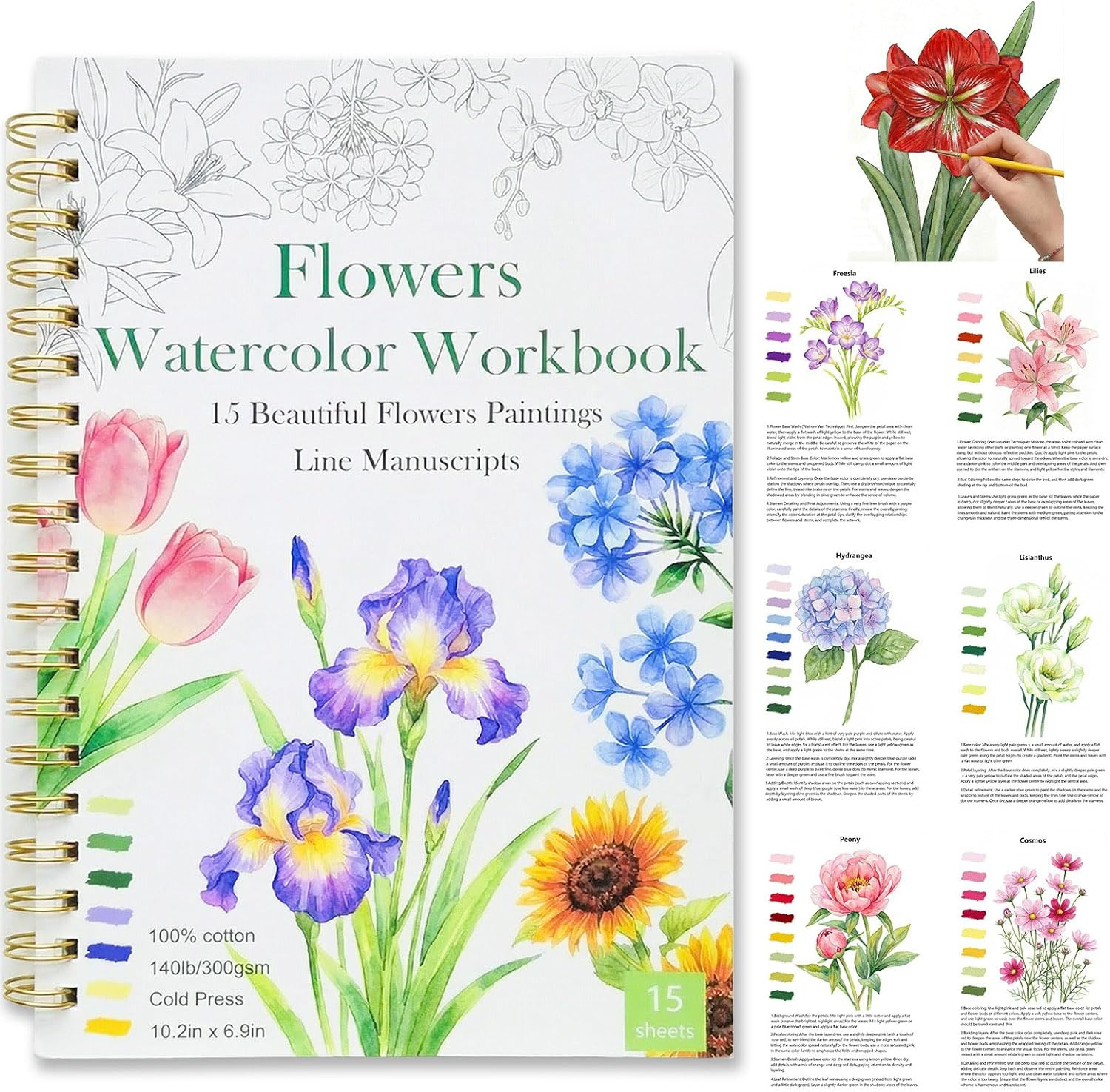 Watercolor Workbook 15 Beautiful Flowers Paintings for Adults &Teens Beginners,W