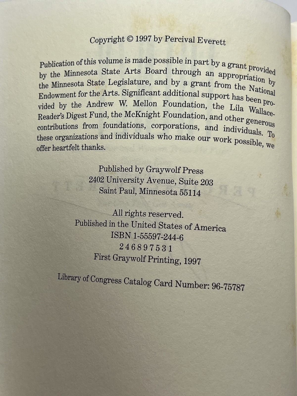 FRENZY BY PERCIVAL EVERETT, SIGNED, FIRST GRAYWOLF PRINTING 1997, DIONYSUS