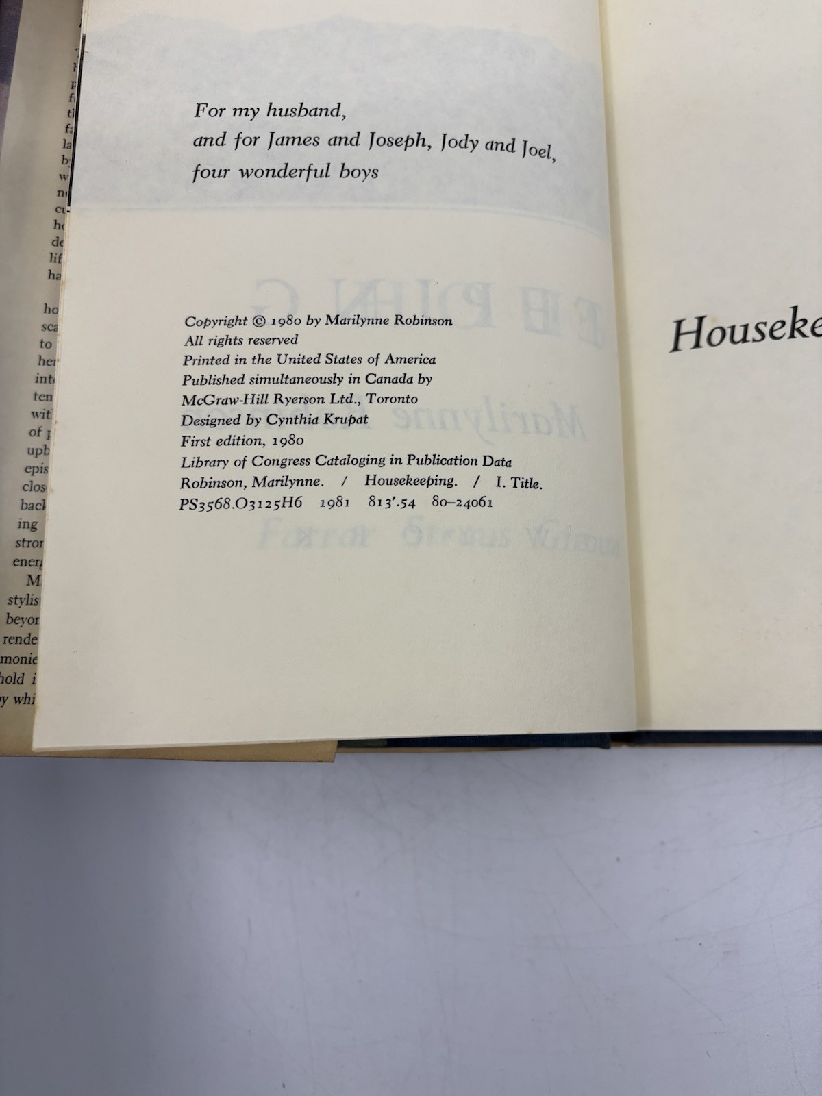 HOUSEKEEPING by Marilynn Robinson First Edition 1st Printing Author of Gilead