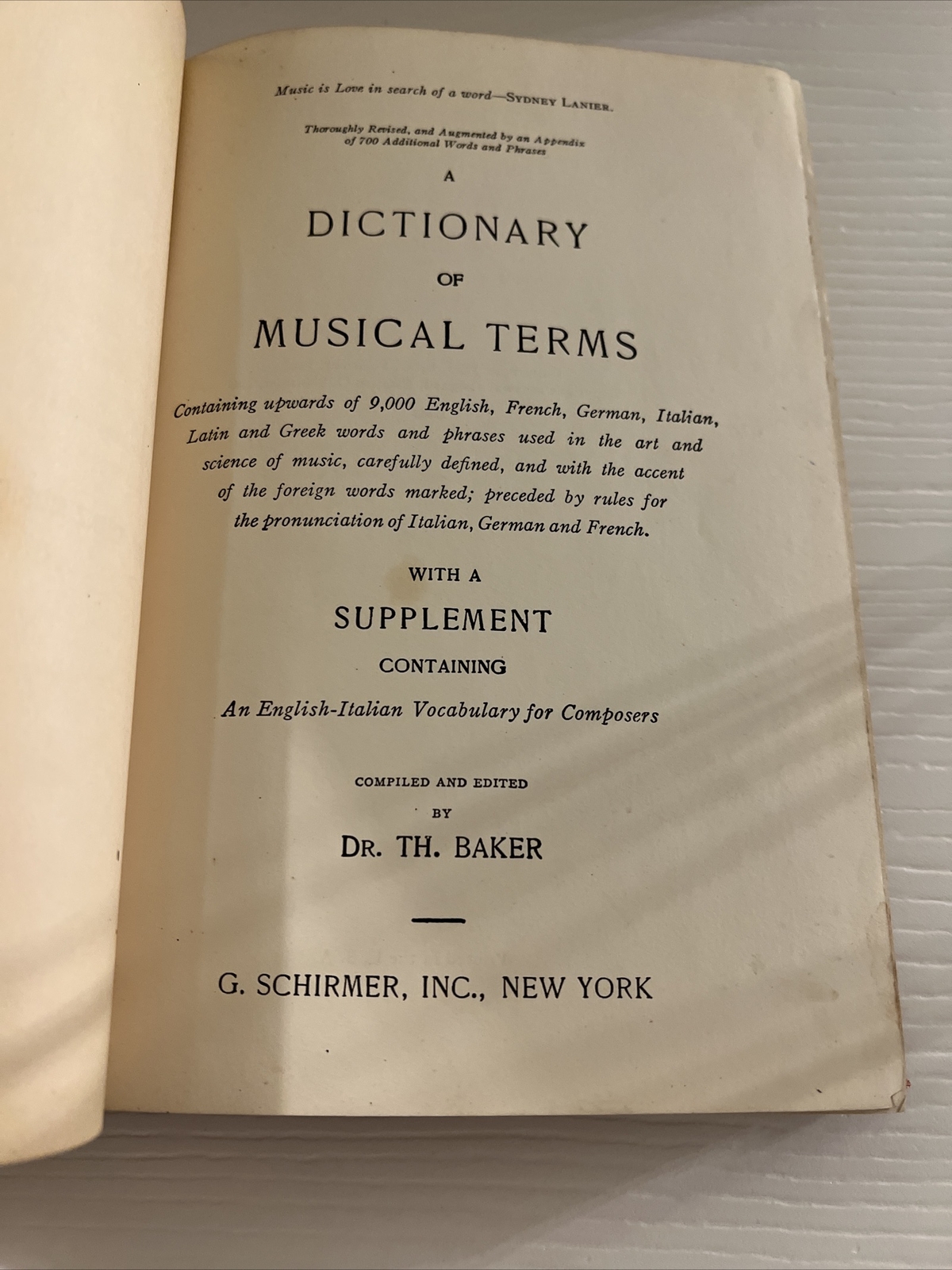 Dictionary of Musical Terms ︱Theo. Baker Ph.D ︱ 1923︱Vintage Book