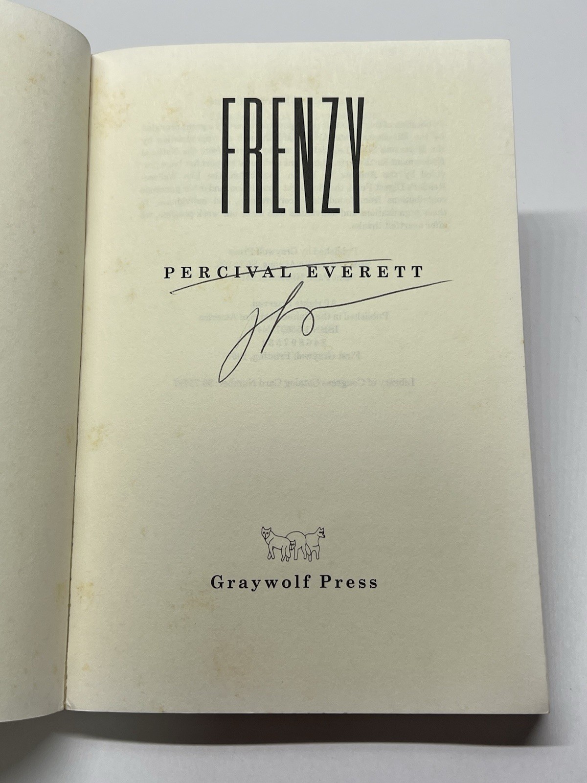 FRENZY BY PERCIVAL EVERETT, SIGNED, FIRST GRAYWOLF PRINTING 1997, DIONYSUS