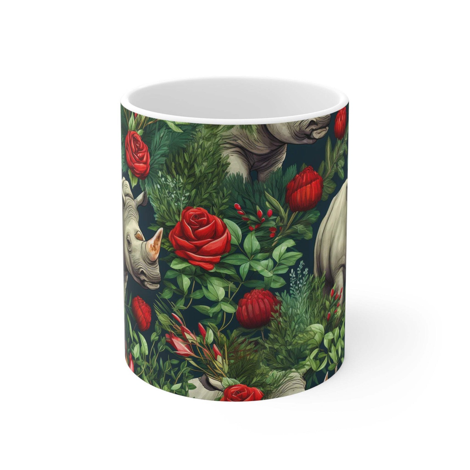 Floral Rhinoceros Coffee Mug | Two-Tone Rhino and Roses Mug – 11 oz.