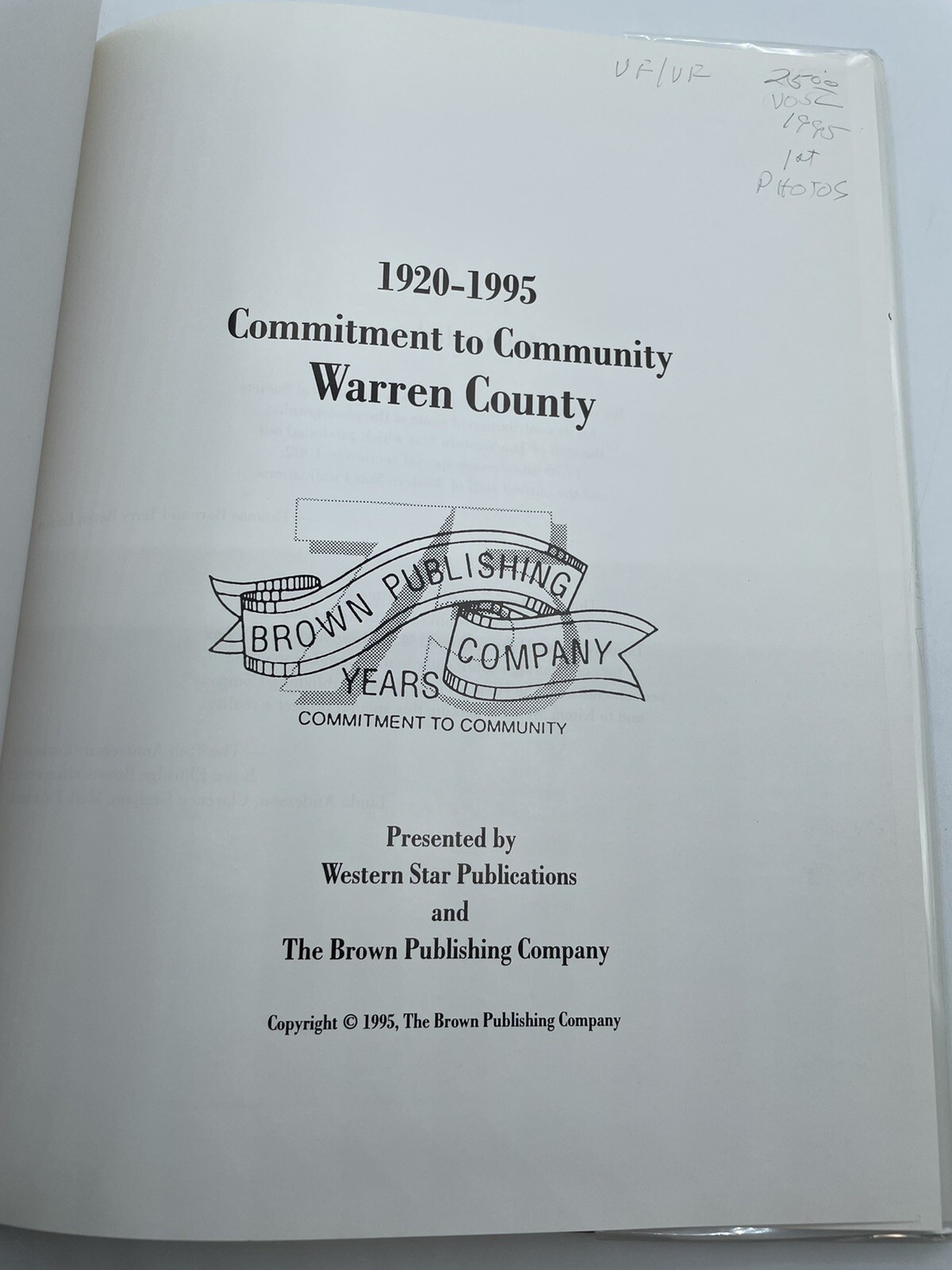 Commitment to Community Warren County Ohio 1920 1995 hardcover 76 Pages