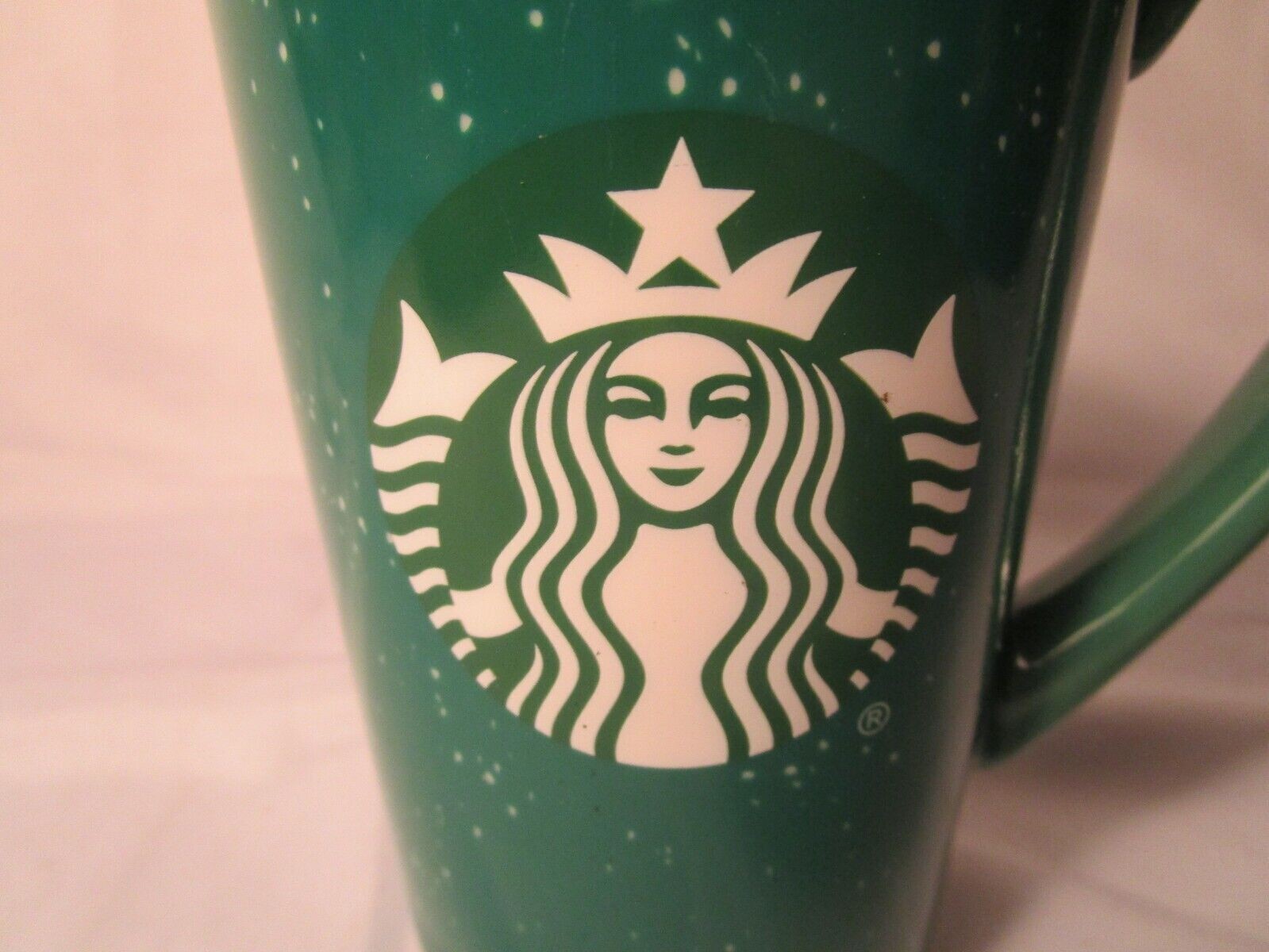 STARBUCKS TALL 16 OZ. MUG CUP GREEN SPECK WITH GREEN SIREN MERMAID LOGO