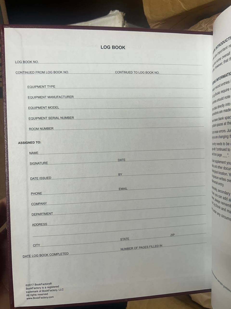 Maintenance Log Book Hardbound 120 Pages Industrial Equipment Record Journal
