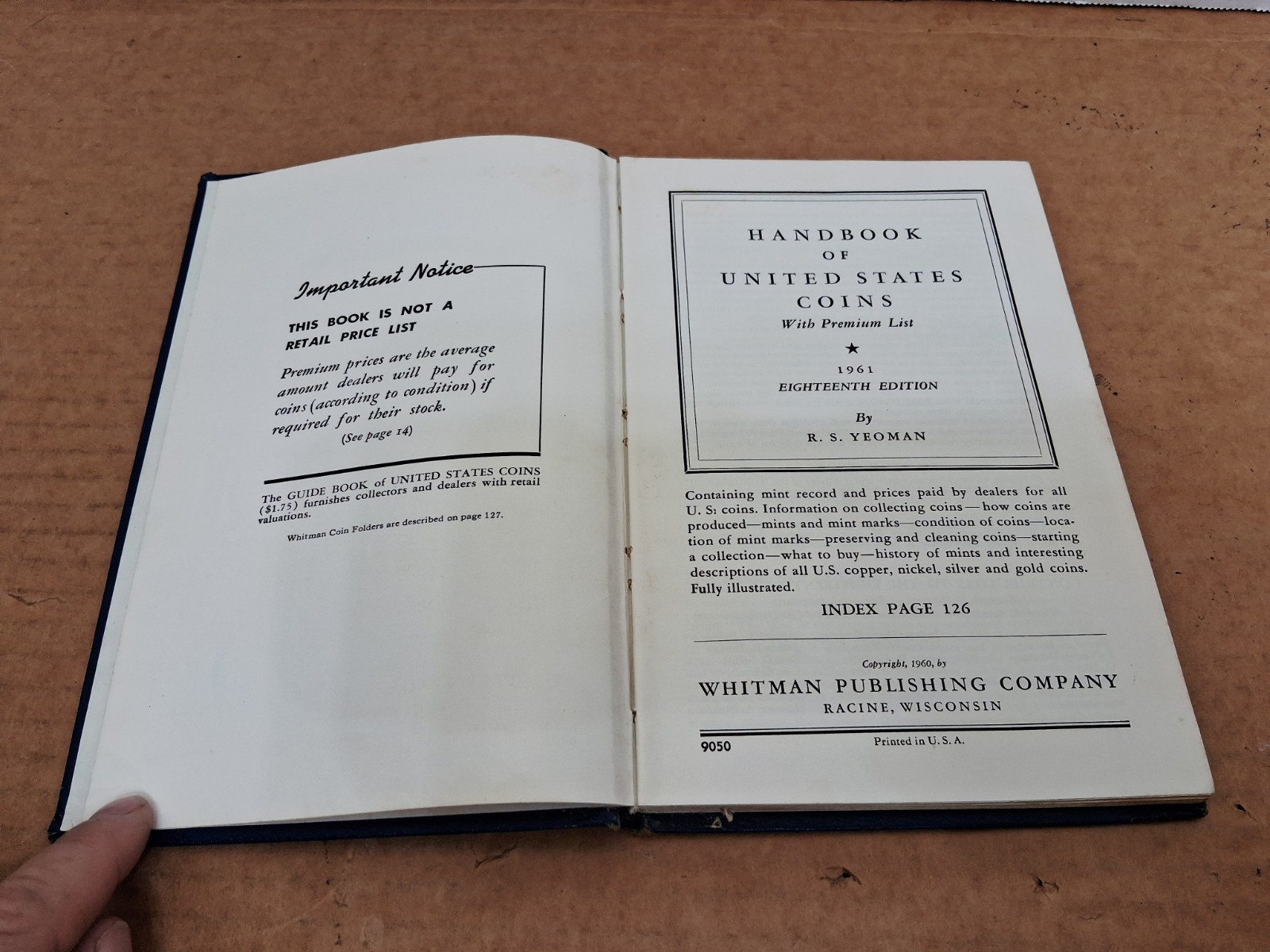 Blue Book – Handbook of United States Coins – 18th Edition *1961 w/Premium Lists
