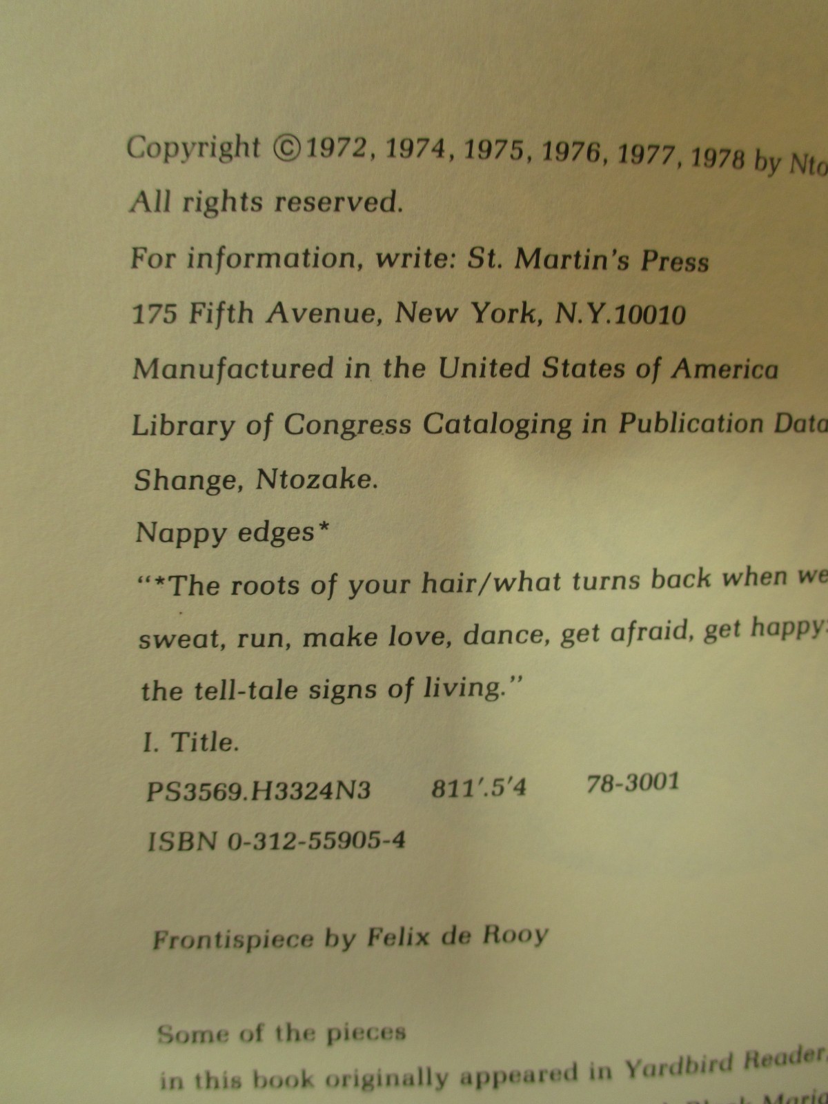 poetry book NAPPY EDGES by NTOZAKE SHANGE 1978 hc + dj St Martin’s Press